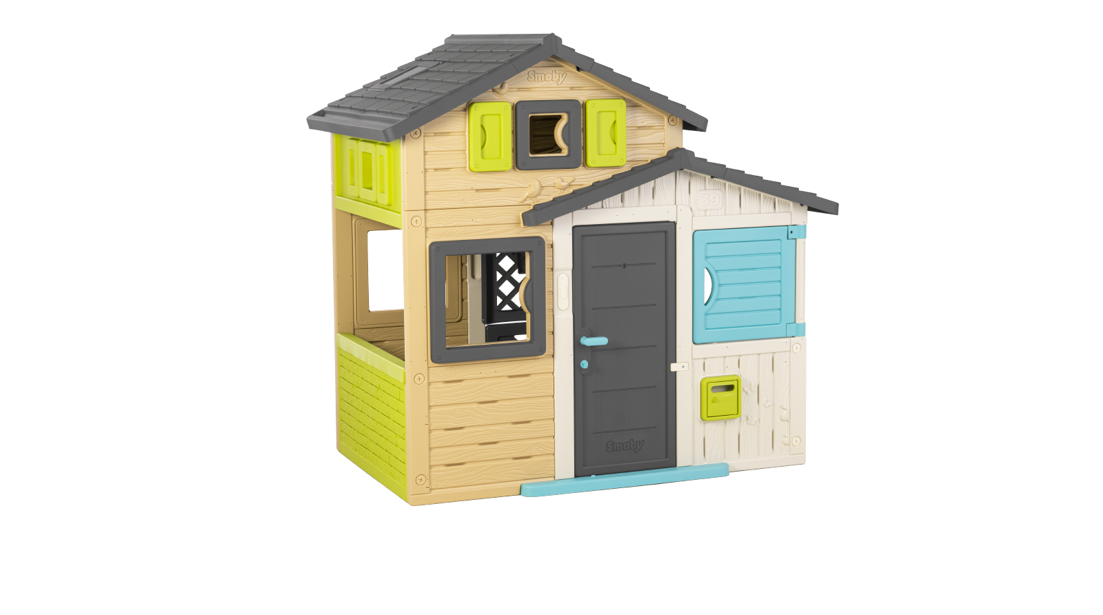 Domek Przyjaciół w eleganckich kolorach Friends House Evo Playhouse Smoby z możliwością rozbudowy 2 drzwi z kluczem 6 okien z filtrem UV wysokość 162 cm