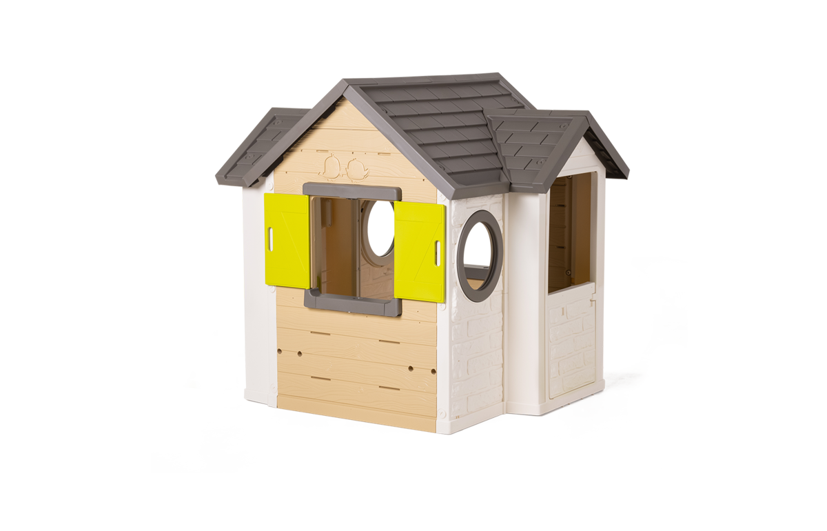 Dom My New House Smoby przyrodniczy Rozszerzalny 2 okna z okiennicami, 2 okrągłe okna i połówki drzwi o wysokości 135 cm z filtrem UV od 2 lat.