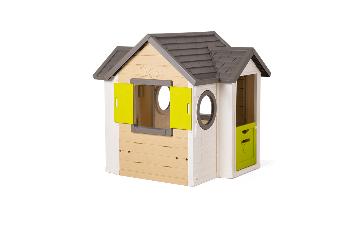 Dom My New House Smoby przyrodniczy Rozszerzalny 2 okna z okiennicami, 2 okrągłe okna i połówki drzwi o wysokości 135 cm z filtrem UV od 2 lat.