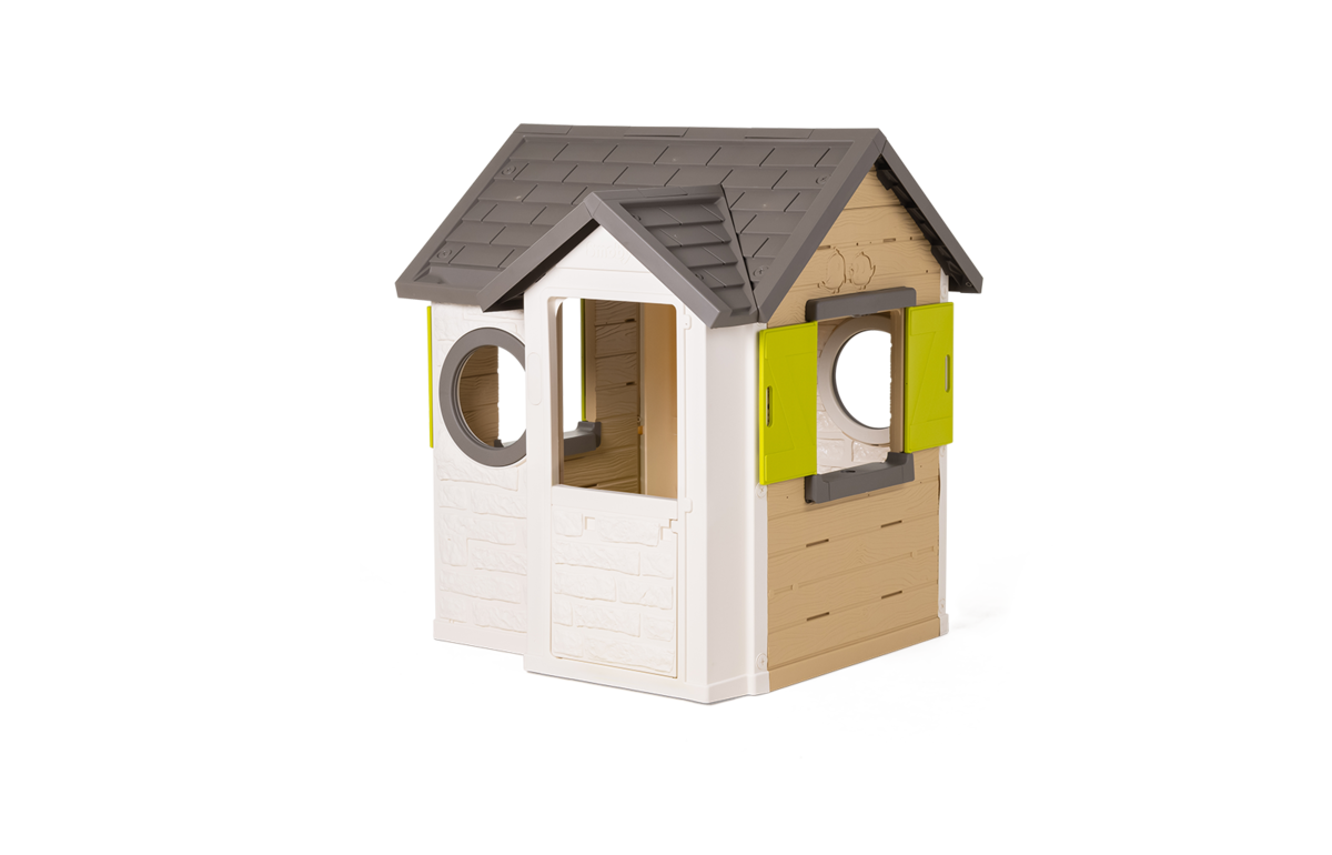 Dom My New House Smoby przyrodniczy Rozszerzalny 2 okna z okiennicami, 2 okrągłe okna i połówki drzwi o wysokości 135 cm z filtrem UV od 2 lat.
