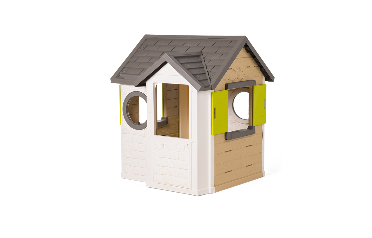 Dom My New House Smoby przyrodniczy Rozszerzalny 2 okna z okiennicami, 2 okrągłe okna i połówki drzwi o wysokości 135 cm z filtrem UV od 2 lat.
